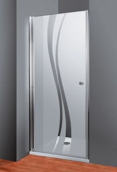 an image of a shower door in the corner with wood flooring and grey walls