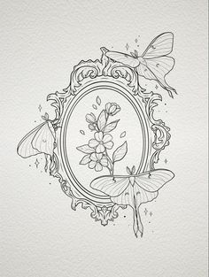 a black and white drawing of two butterflies in a round frame with flowers on it