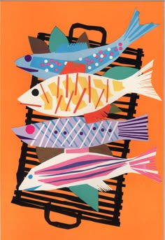 an orange background with fish on top of each other, and the bottom one is black