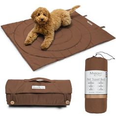 a brown dog laying on top of a mat