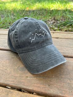 Custom hand-embroidered baseball hat. Please message me if you have ideas for customization! Mountain Hat, Franklin Tn, Embroidered Baseball, Baseball Hat, Trucker Cap, Starry Night, Hand Embroidered, Caps Hats, Accessories Hats