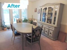 a dining room table with chairs and china cabinet