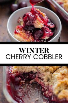 a slice of cherry cobbler being lifted from a bowl