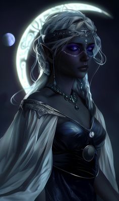 a woman with white hair and blue eyes standing in front of the moon