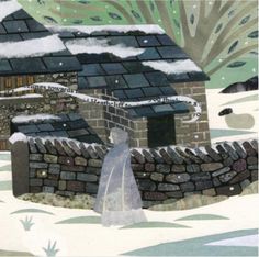 a painting of a house in the snow