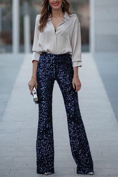 Sequin Flare Pants, Shirt Collar Styles, Glitz And Glamour, Sequin Sleeve, The Diva, Living The Dream, Satin Long Sleeve, Style Party, Pants Length