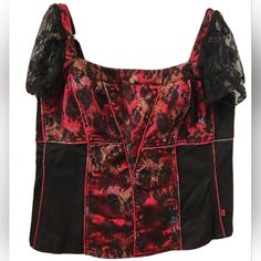 Stunning Tripp Nyc Corset Top. The Top Features A Square Neckline With Short Flutter Sleeves And A Full Zip Closure At The Back. The Blouse Is Made From A Blend Of Nylon And Polyester Materials And Has A Beautiful Floral Pattern That Adds To Its Allure. Corset Boning Throughout. Tagged A Size 2 Which Is The Brands Tag For 2x. Laying Flat Unstretched Measurements: Armpit To Armpit: 22" More Generous Allowance For Bust On The Front, At Empire Seam Under Bust: 21", And Shoulder To Bottom: 23 1/2". Mall Goth Y2k, Red And Black Corset Top, Red Sleeveless Gothic Top, Red Punk Fitted Corset, Fitted Gothic V-neck Top, Tripp Nyc Corset, Corset Boning, Tripp Nyc, Mall Goth