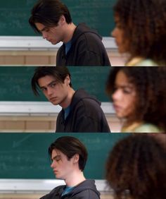 two pictures of a young man in front of a blackboard with writing on it