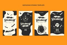 three halloween stories templates with black and white illustrations on an orange background, including bats,