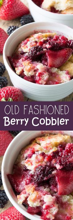 two bowls filled with berry cobbler on top of a table