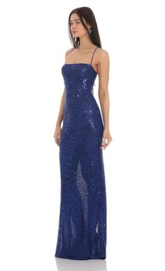 Sequin Mesh Maxi Dress in Blue | LUCY IN THE SKY Blue Sequin Dress With Spaghetti Straps, Embellished Backless Blue Dress, Blue Embellished Backless Dress, Blue Sequin Spaghetti Strap Dress For Homecoming, Blue Sequin Dress With Spaghetti Straps For Homecoming, Blue Fitted Sequin Fabric For Night Out, Fitted Blue Sequin Fabric For Night Out, Blue Fitted Sequin Fabric For Prom Season, Blue Embellished Sequin Dress For Gala