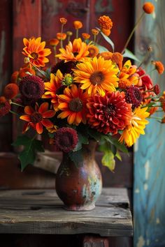 a vase filled with lots of orange and red flowers on top of a wooden table