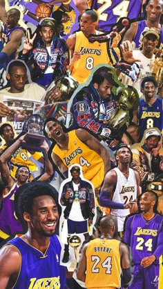 collage of lakers players and their jerseys with the number 24 on them, all holding trophies