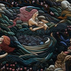 an artistic painting with mermaids and waves on it's surface in the ocean