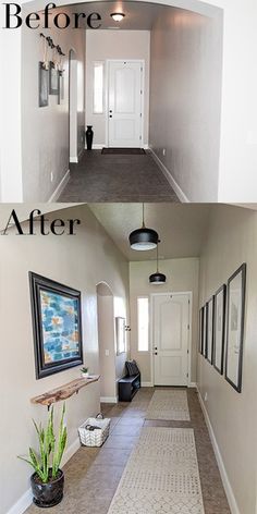 before and after photos of a house hallway