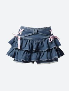 These jeans offer a fresh take on the denim trend with a playful, low-rise waist and flared silhouette. The layered mini design injects a youthful exuberance, while the skort functionality ensures practicality. It's a stylish ode to fun and freedom—ideal for those who dance to their own beat. Denim material Ruffled design Ribbon lace up details at side Denim belt detail at front Distressed detail at shorts Low rise Cotton, polyester Denim Pleated Skirt, Short Pollera, Bow Skirt, Bow Women, Skirt Y2k, Denim Skirt Women, Skirts Women, Y2k Clothes, Girls Sweet