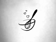 a black and white drawing of a whisk in a bowl with hearts on it