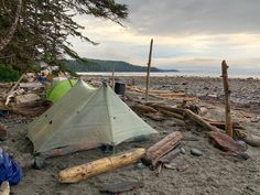 a tent pitched up on the beach next to logs and driftwood with people standing around it