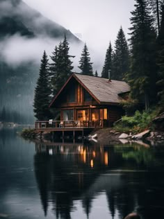 a cabin sits on the shore of a lake surrounded by pine trees and foggy mountains