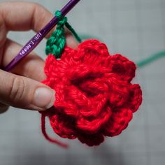 the crochet flower is being worked on by someone using a knitting needle to hold it