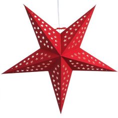 a red origami star hanging from a string with white stars on the bottom