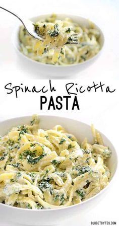 spinach ricotta pasta in a white bowl with a spoon