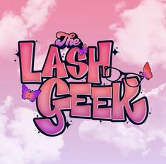 the last geekk logo is shown against a pink sky with white clouds and butterflies