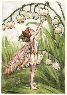 a drawing of a fairy with lily of the valley