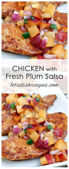 chicken with fresh plum salsa is on a white plate and in the background, there are two pictures