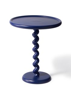 a small blue table with a spiral design on the top and bottom, against a white background