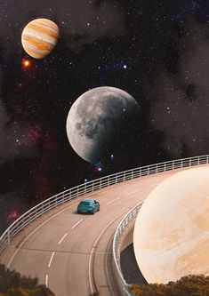 a car driving on a road with planets in the background