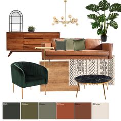 a living room filled with furniture and decor in shades of brown, green, beige and white