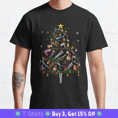 the christmas tree is decorated with knives and other items to make it look like an ugly t - shirt