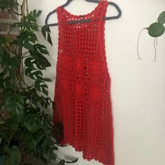 Never Worn, Can Be Worn As A Long Top Or Dress With A Slip Under It. Really Pretty Crochet Detail Casual Crochet Dress For Festival, Red Crochet Trim Tops For Spring, Red Tops With Crochet Trim For Spring, Casual Open Knit Crochet Top For Festivals, Casual Red Crochet Top For Vacation, Casual Cotton Crochet Lace Dress, Casual Stretch Crochet Dress With Open Knit, Casual Crochet Dress With Open Knit Stretch, Red Bohemian Crochet Top For Spring