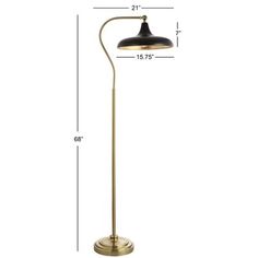 the brass floor lamp has a black shade and is shown with measurements for the base