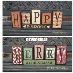 two wooden signs that say happy thanksgiving and have the words merry on them in different colors