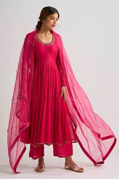 Pink Anarkali Suits, Pink Anarkali, Rani Pink, Cotton Anarkali, Traditional Attires, Pink Suit, Ethnic Dress, Organza Dupatta