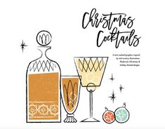 a christmas card with two glasses and a bottle