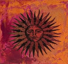 an abstract painting of the sun on orange and pink background