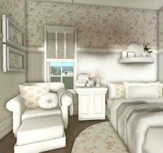 a virtual view of a bedroom with flowers on the wall and furniture in the room