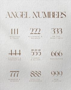 the numbers are written in gold on white paper with brown lettering and numbers that spell out angel numbers