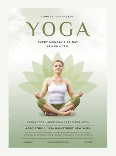 a yoga flyer with a woman sitting in the lotus position on top of a green leaf