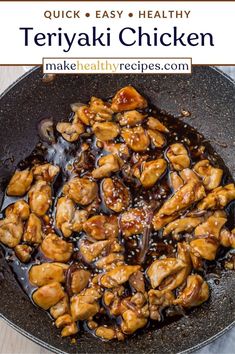 chicken is cooking in a skillet with sauce on top and the words, quick easy healthy teriyaki chicken make healthyrecipes com