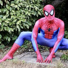 a spider man sitting on the ground in front of bushes