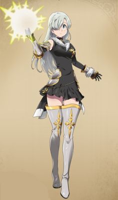 an anime character with long white hair and black clothes, holding a yellow object in her hand