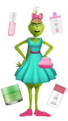 the grinch is standing next to her cosmetics and other items that are on display