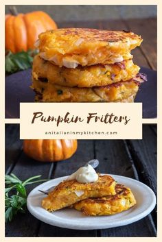 pumpkin fritters are stacked on top of each other