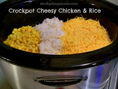 crockpot cheesy chicken and rice in an electric pressure cooker with the words crockpot cheesy chicken and rice