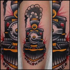 tattoos on the legs of people with trains and words written in black, yellow and red ink