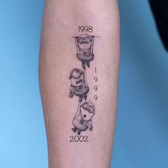 a tattoo depicting the evolution of minions from 2009 to 2012